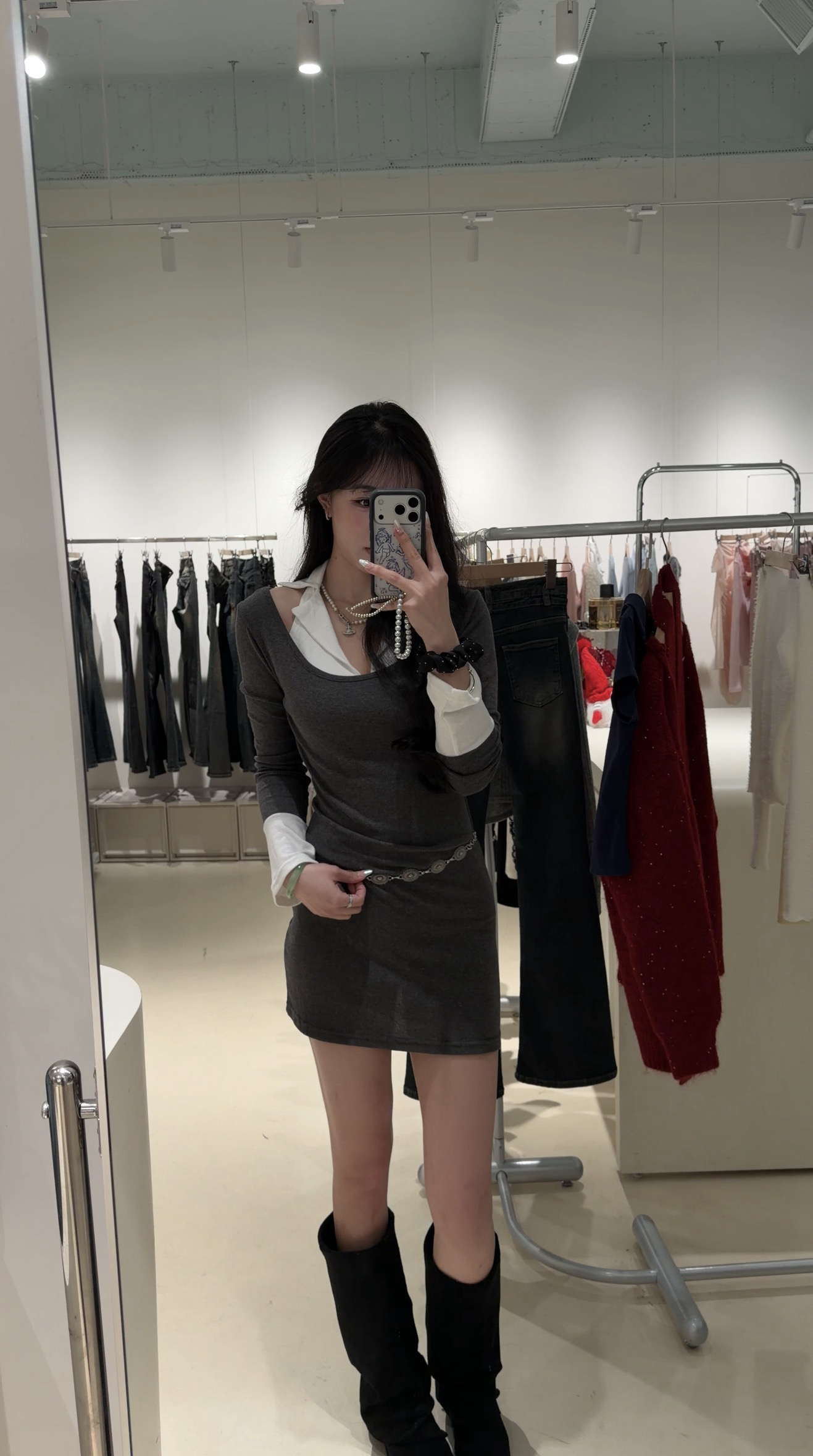 Korea掛脖領假兩件洋裝
