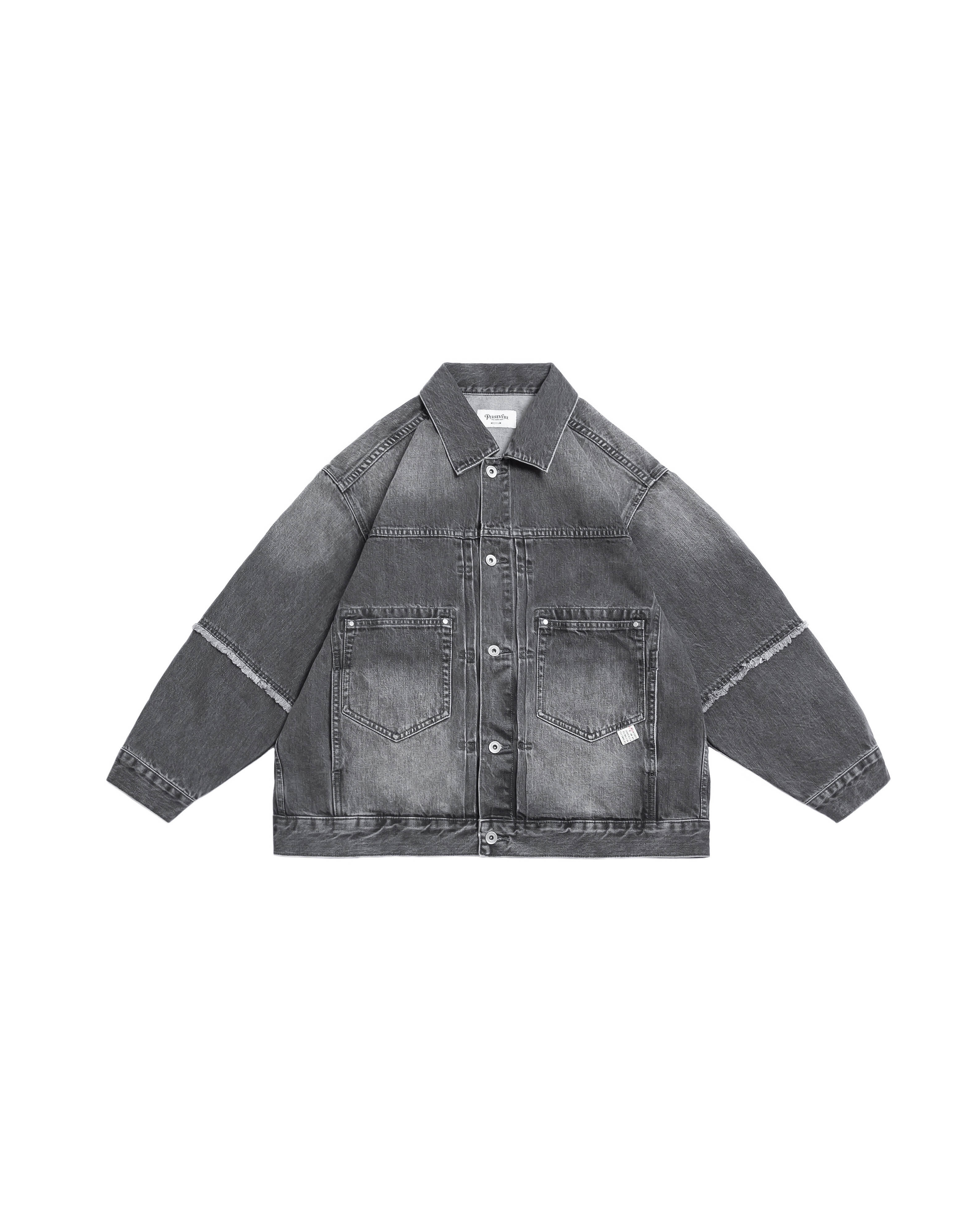 PERSEVERE VINTAGE-WASHED FRAYED DENIM JACKET 手工抽鬚牛仔外套