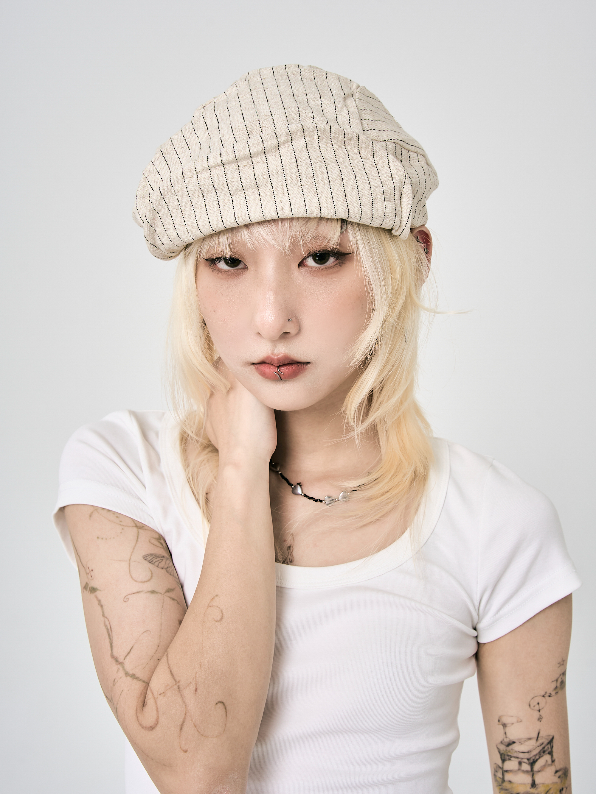 皺褶條文捲邊畫家帽-白