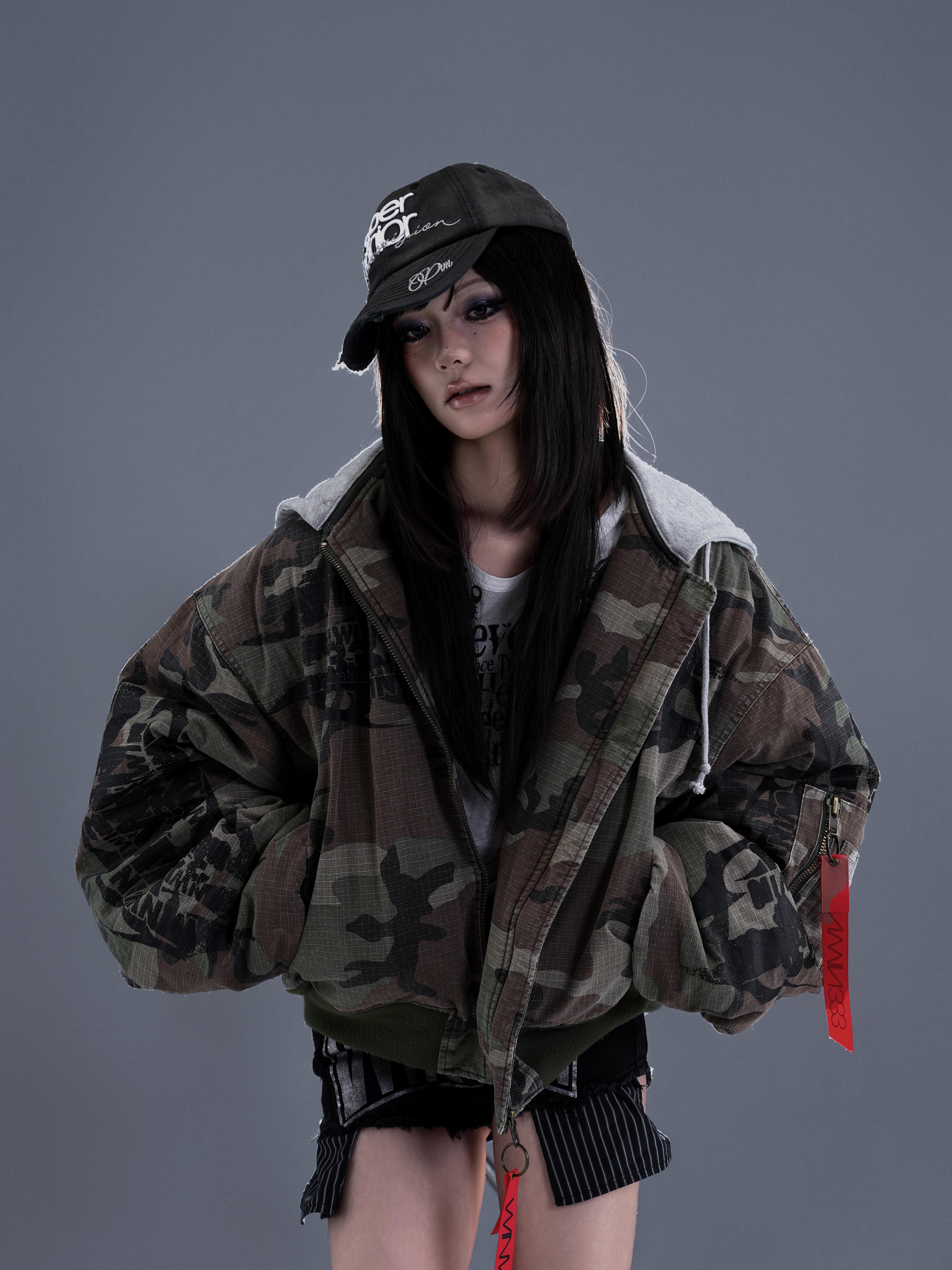 PCCVISION 3MAN0N 印花 迷彩做舊 可拆式連帽 短版外套