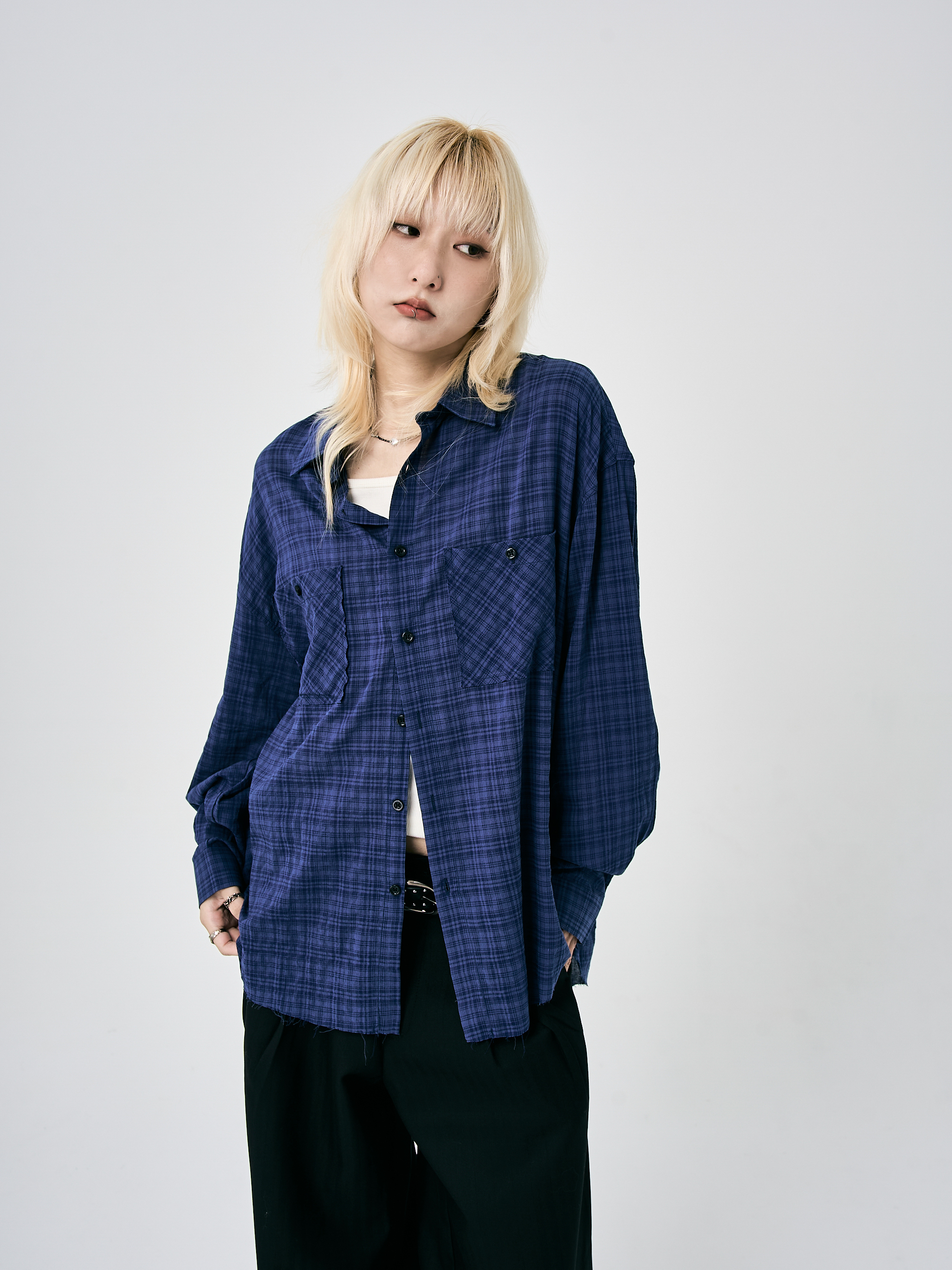 藍黑復古格棉質襯衫