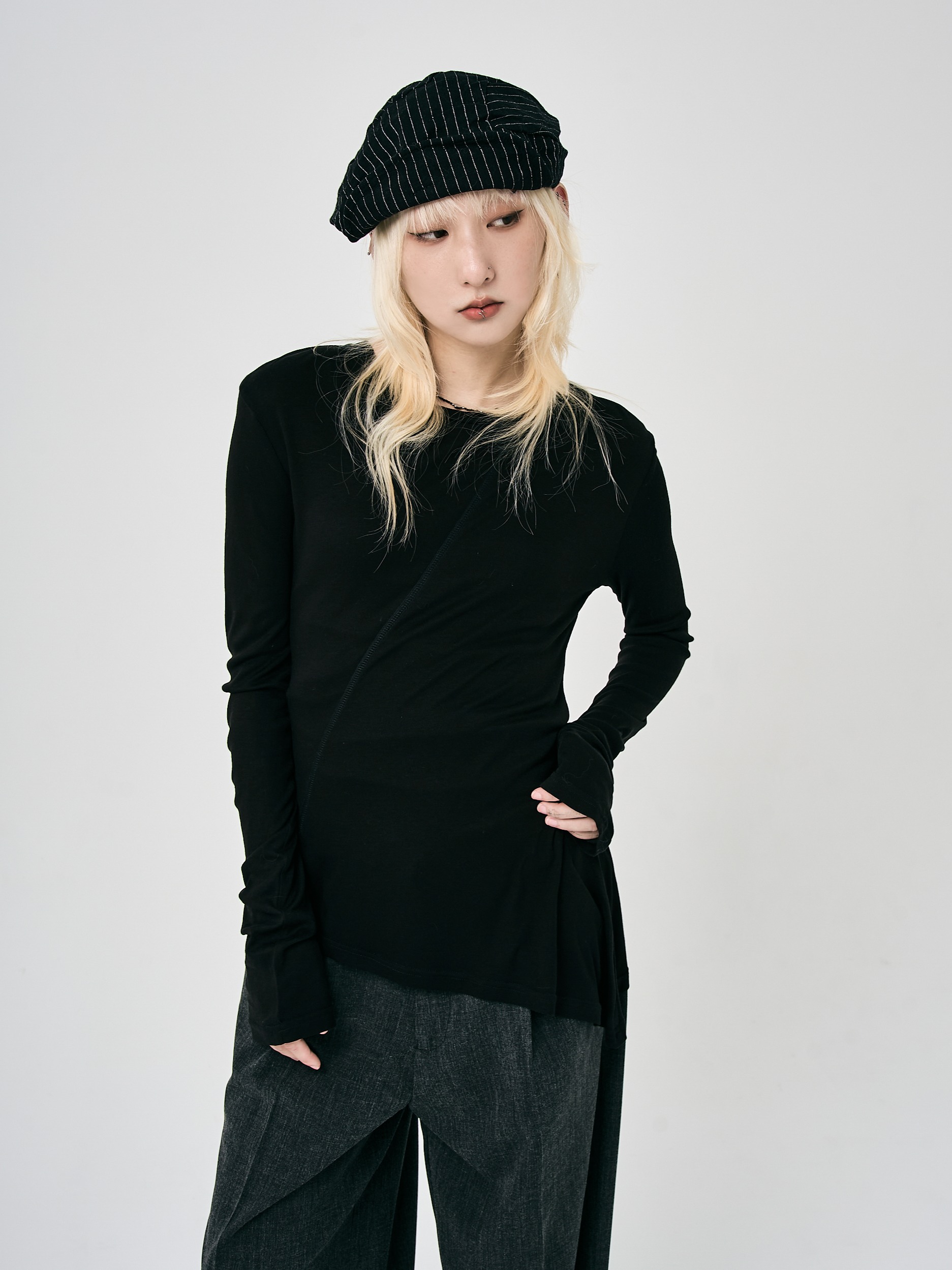 解構堆疊透膚打底長袖-黑