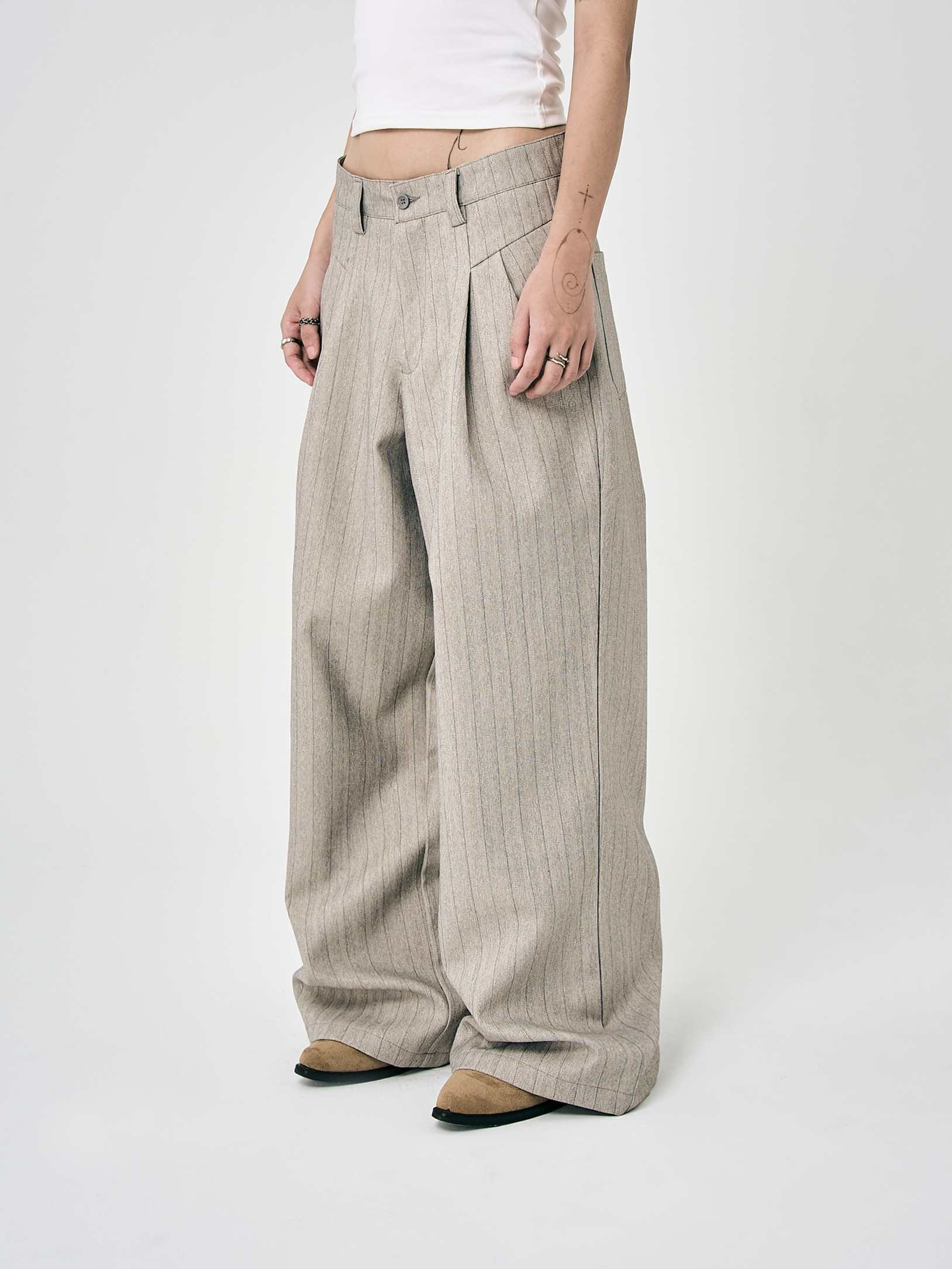 復古織紋西裝長褲-米