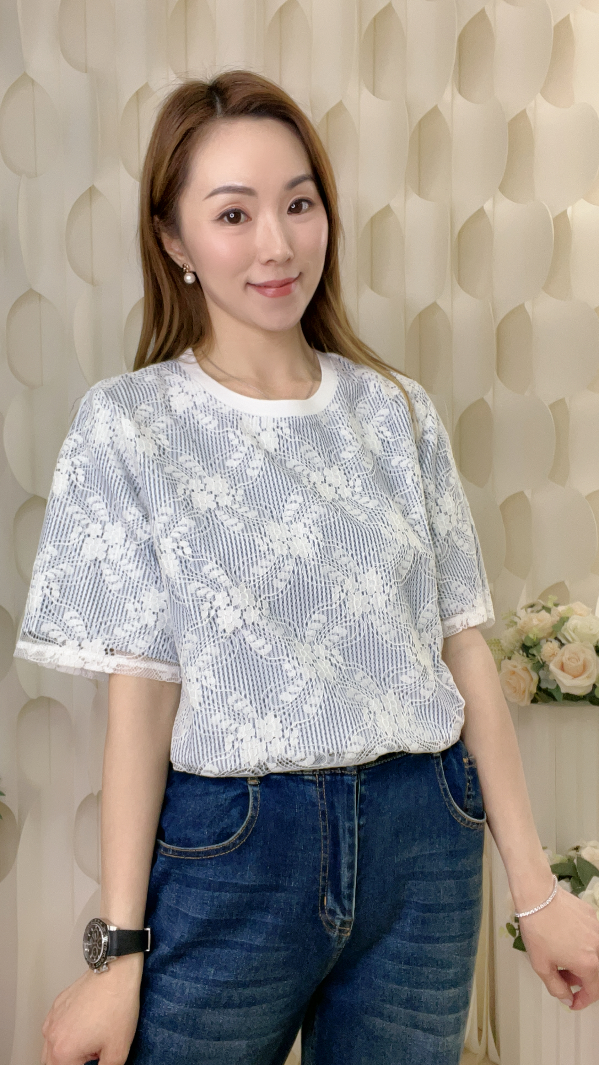 軟LACE拼直紋梳織上衣(胸42 腰44 長23吋) 68832 #1003clo