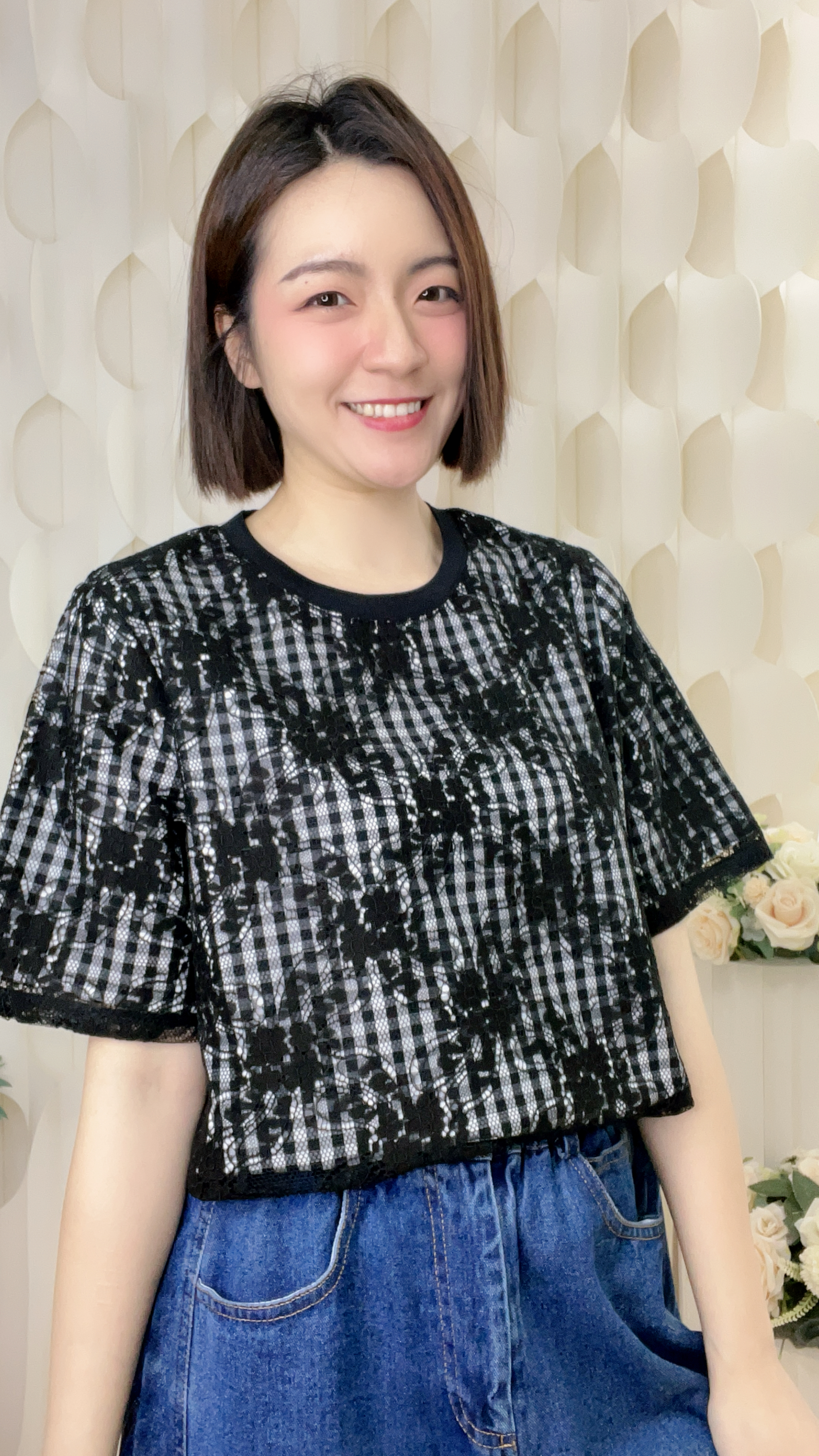 軟LACE拼直紋梳織上衣(胸42 腰44 長23吋) 68832 #1003clo