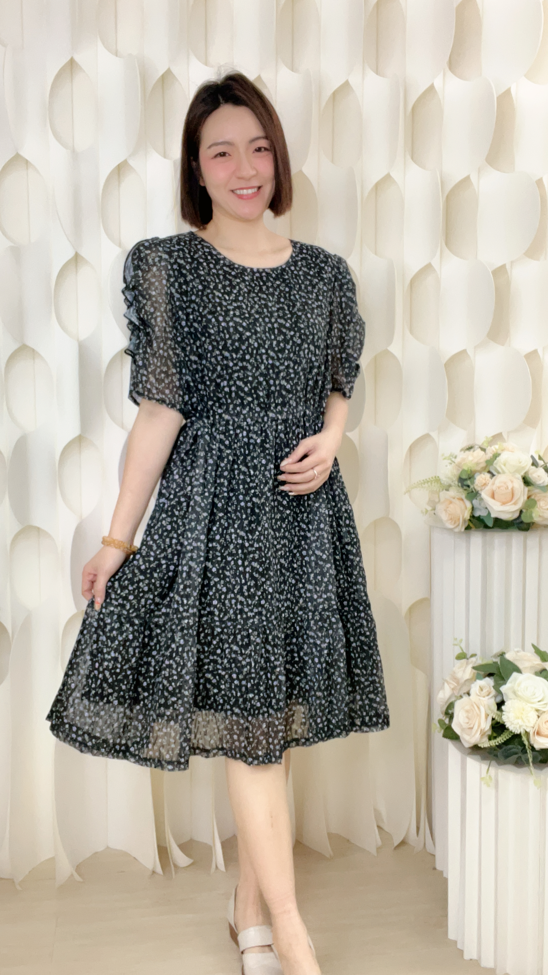 RUFFLE袖雪紡連身裙(胸40 腰42 臀46 長41吋) 36591 #1003clo