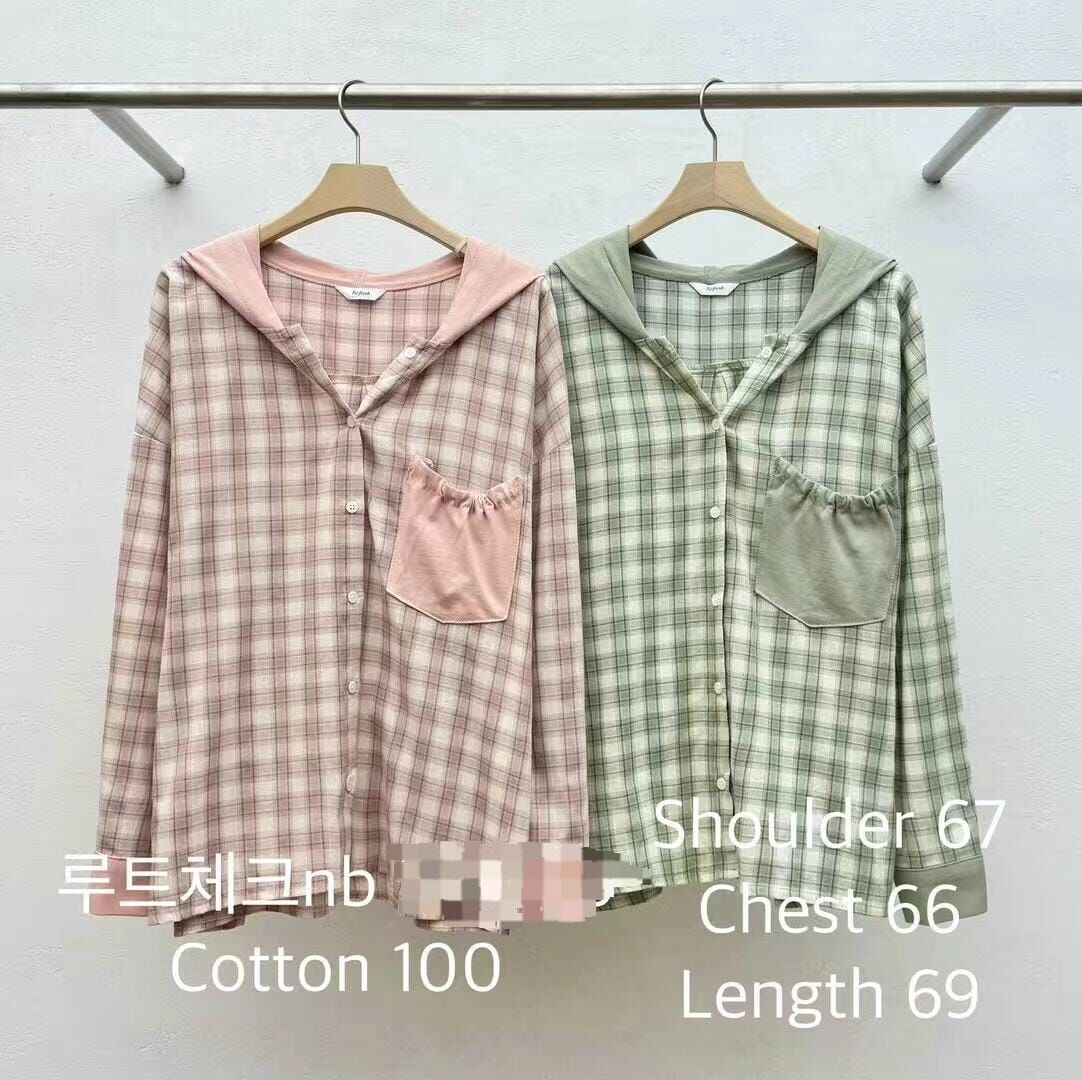 RF6002 休閒格紋鈕扣連帽長袖襯衫