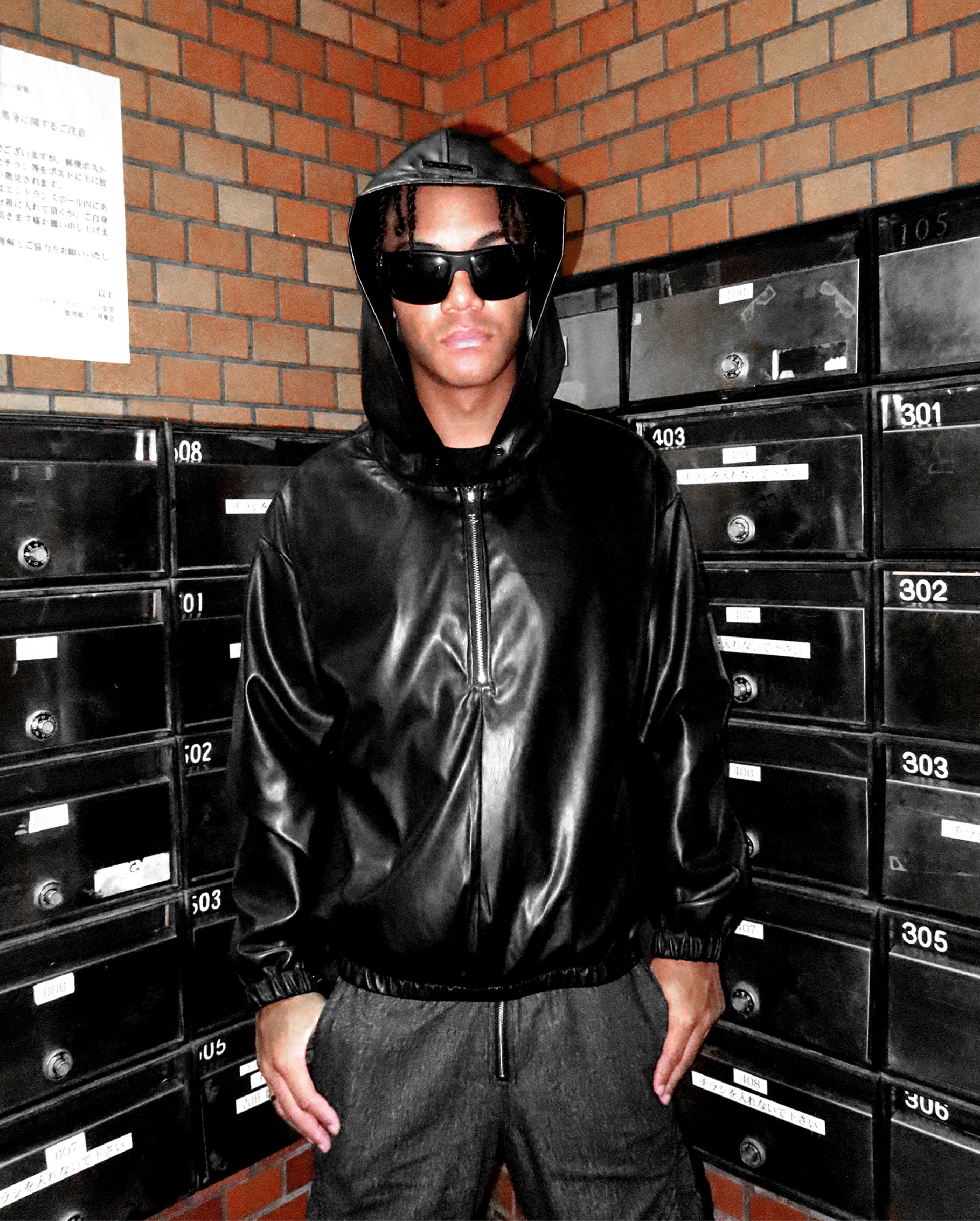 Bornrich｜Half Zip Leather Hoodie (Black)