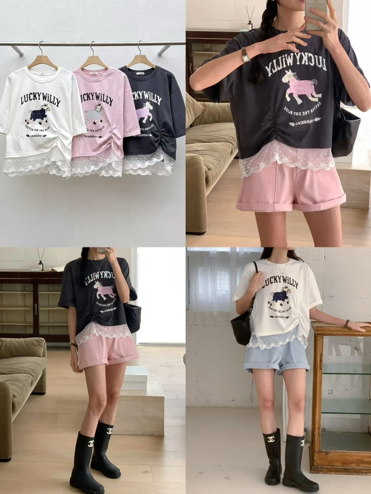 RF6015 小馬圖案蕾絲拼接Tee