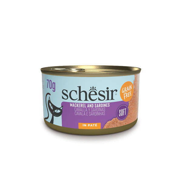Schesir -無穀肉泥系列- 鯖魚沙丁魚魷魚 Grain Free Mackerel, Sardine and Squid in pate 70g (每24罐@$14.5, 48罐@$14可混其他同價Schesir罐)