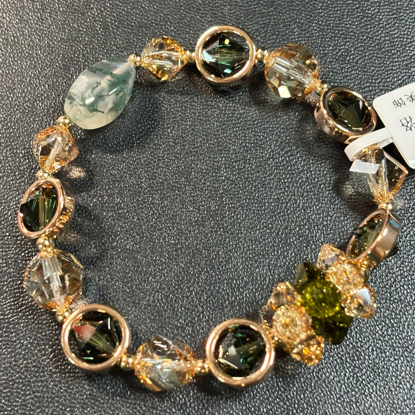 Moss Agate and Swarovski Crystal Beaded Bracelet