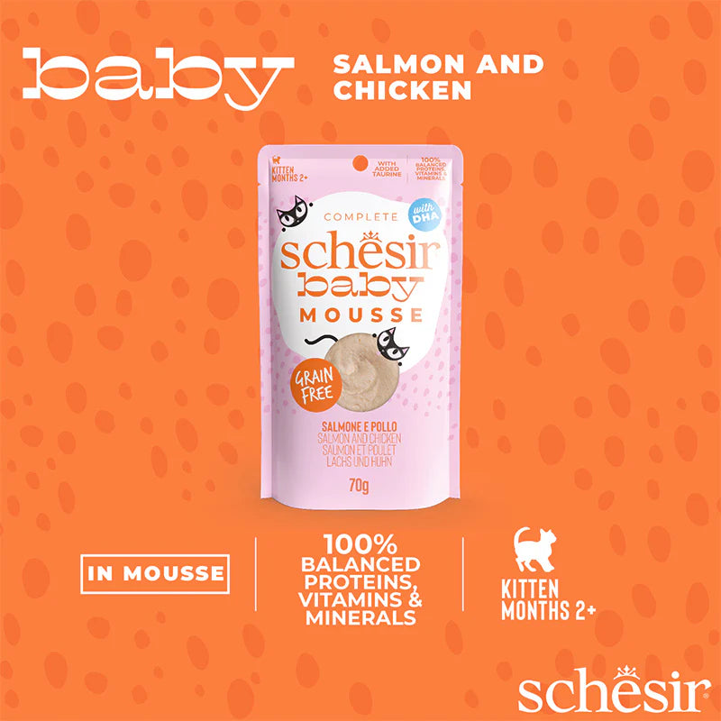 Schesir - Baby系列 - 雞肉三文魚(幼貓)無穀Mousse主食包 70g (原盒12包優惠@$14.5)