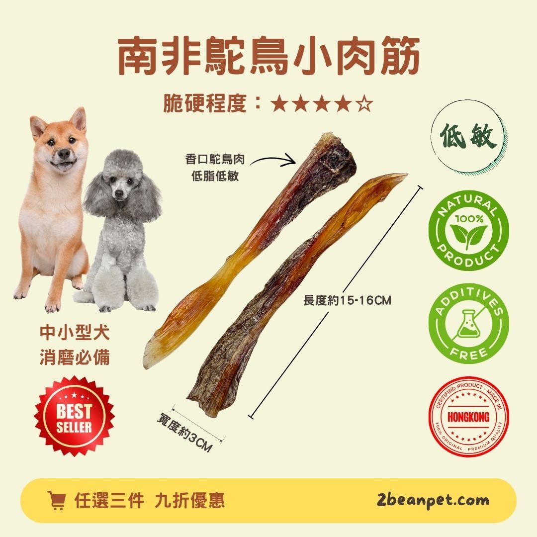 2BeanPet 風乾南非鴕鳥小肉筋｜超級低敏 耐咬消遣 潔齒首選｜香港製造 天然風乾 狗零食｜全天然無添加