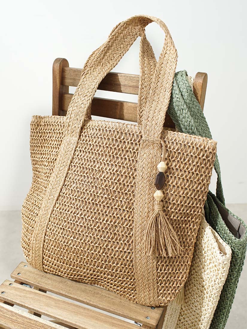 原木流蘇吊飾草編大肩背包(3色)