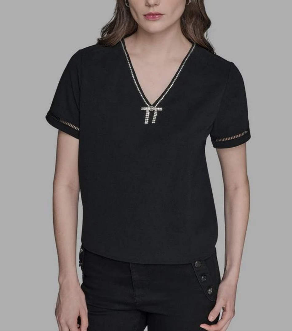 [S] KARL LAGERFELD BLACK BOW-EMBELLISHED TOP, L5GH7855-BLK (SKL1565)