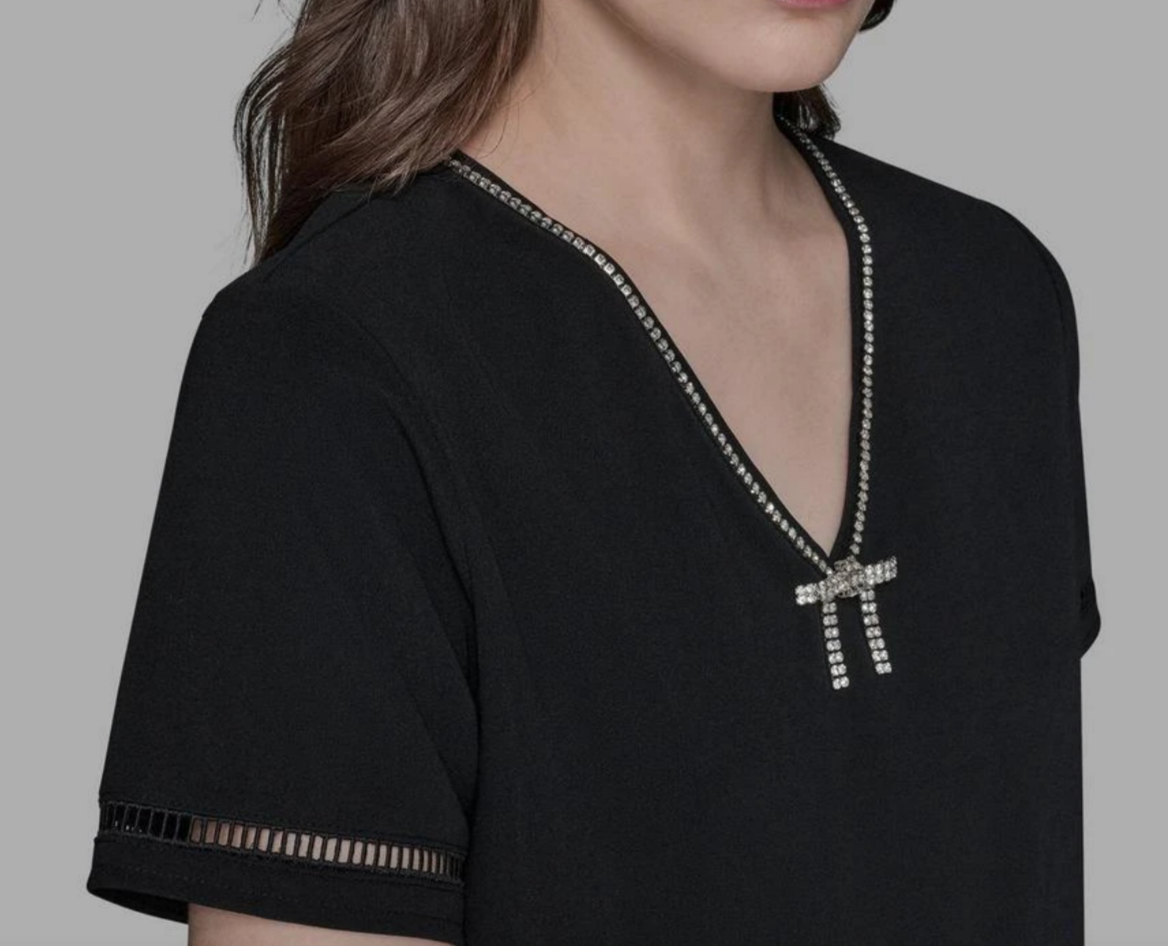 [S] KARL LAGERFELD BLACK BOW-EMBELLISHED TOP, L5GH7855-BLK (SKL1565)