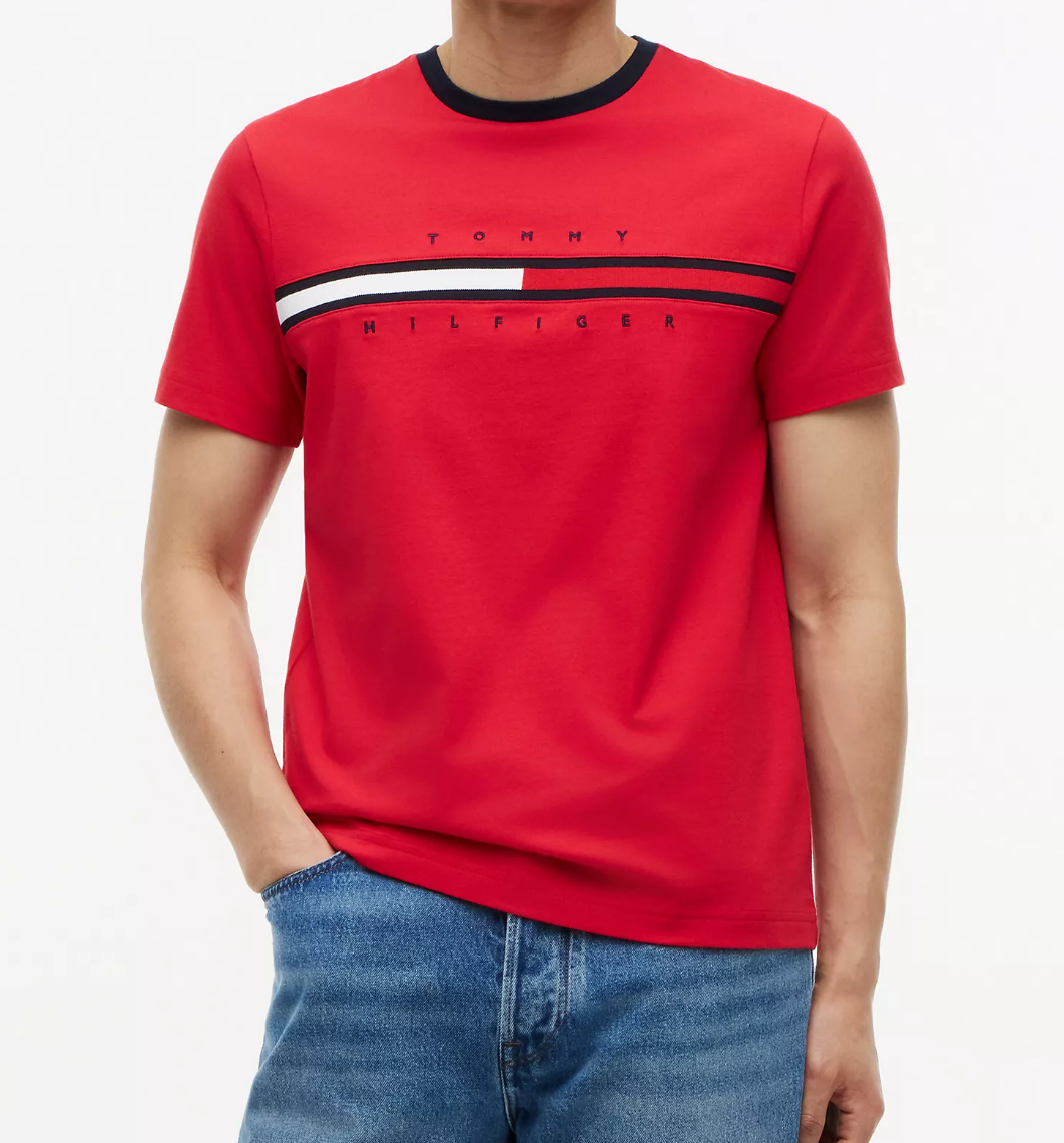 [S] TOMMY HILFIGER RED EMBROIDERED FLAG LOGO T-SHIRT, 78JA522-600 (STH1631)
