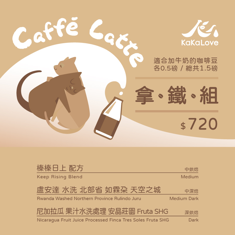 拿鐵組：榛榛日上配方+盧安達 水洗 天空之城+尼加拉瓜 果汁水洗 Fruta，3支共1.5磅