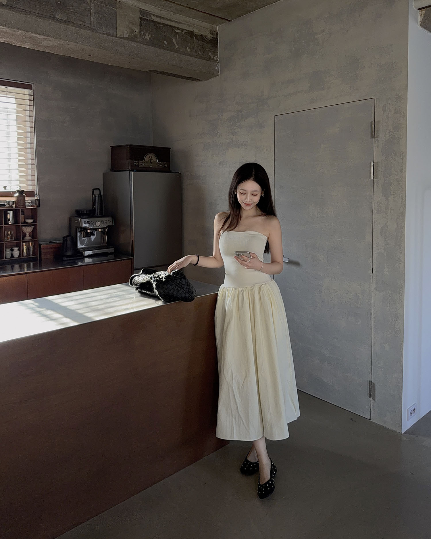 S3029 平口連身口袋傘裙 / 米白