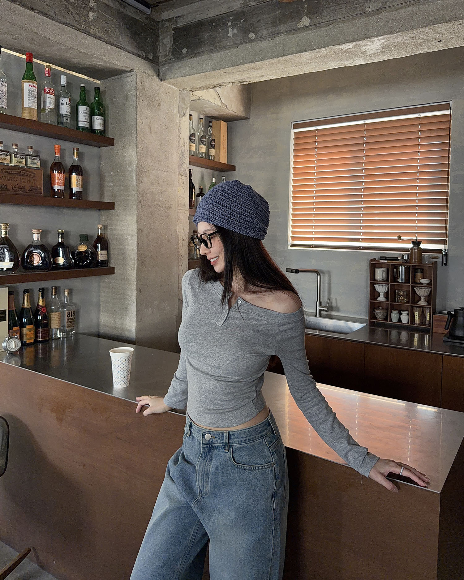 T3017 斜肩鈕釦長TEE / 灰