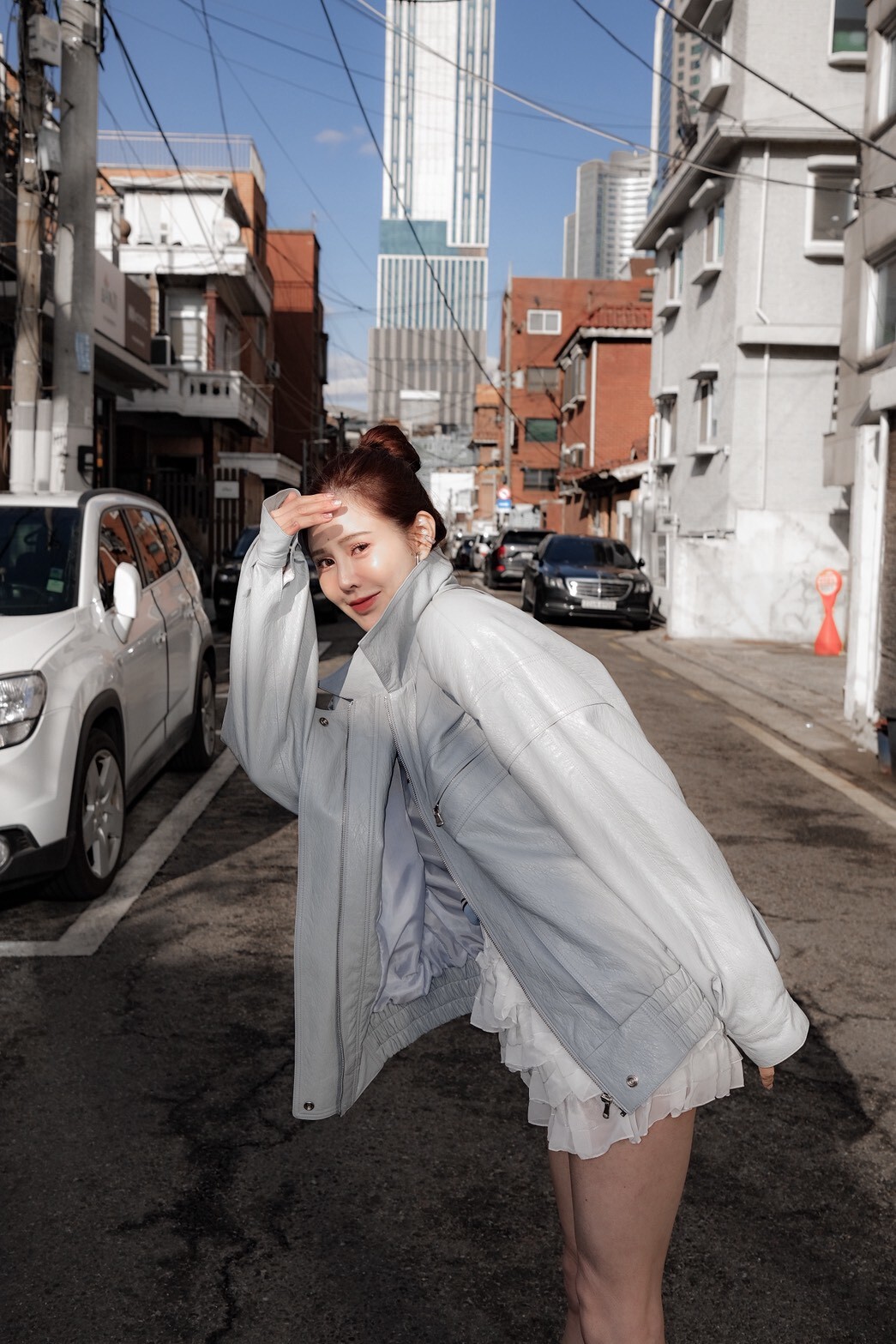 #AF05歐美灰藍皮外套