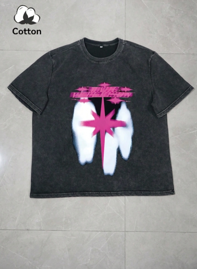 KADMAX大尺碼-大碼水洗大圖粉色星星短袖TEE〈KSMS2777〉