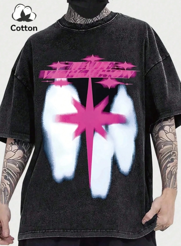 KADMAX大尺碼-大碼水洗大圖粉色星星短袖TEE〈KSMS2777〉