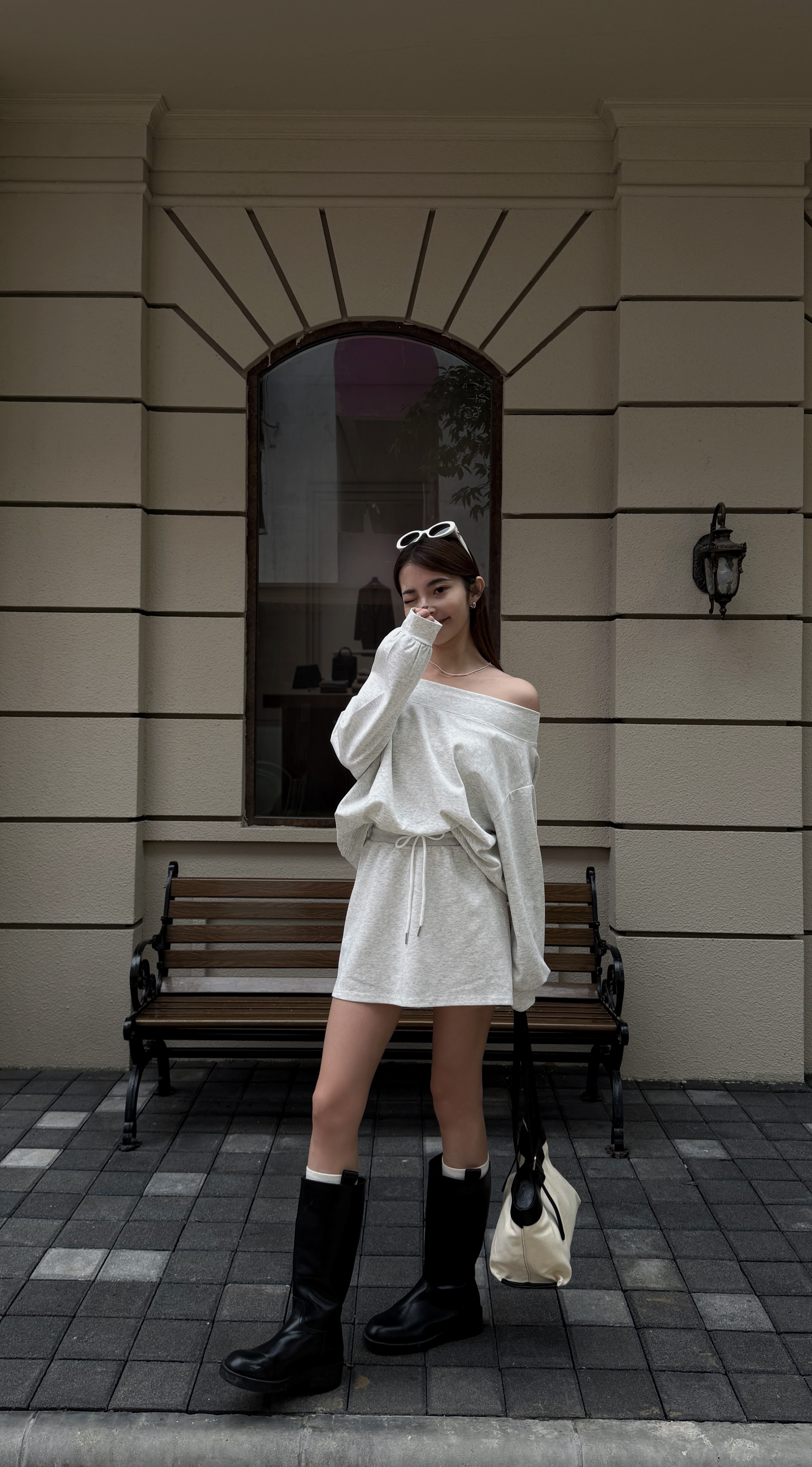 2 way !!一字領斜肩衛衣套裝（ 2 colors )