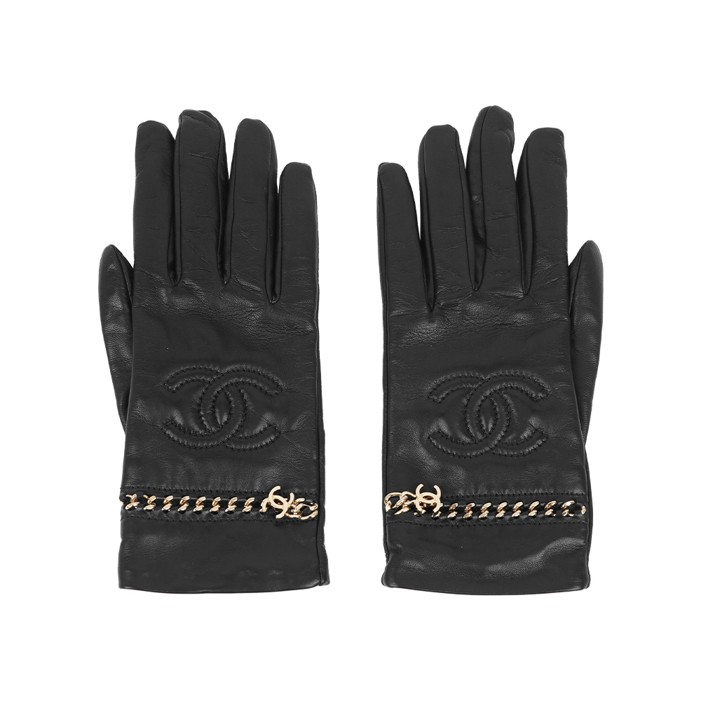 【CHANEL】CC Logo 皮穿鍊設計小羊皮手套(7.5)(黑色)