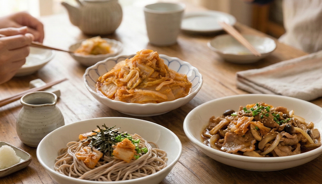 木桌擺日式胡麻泡菜-蕎麥麵與胡麻炒肉片的居家餐點
