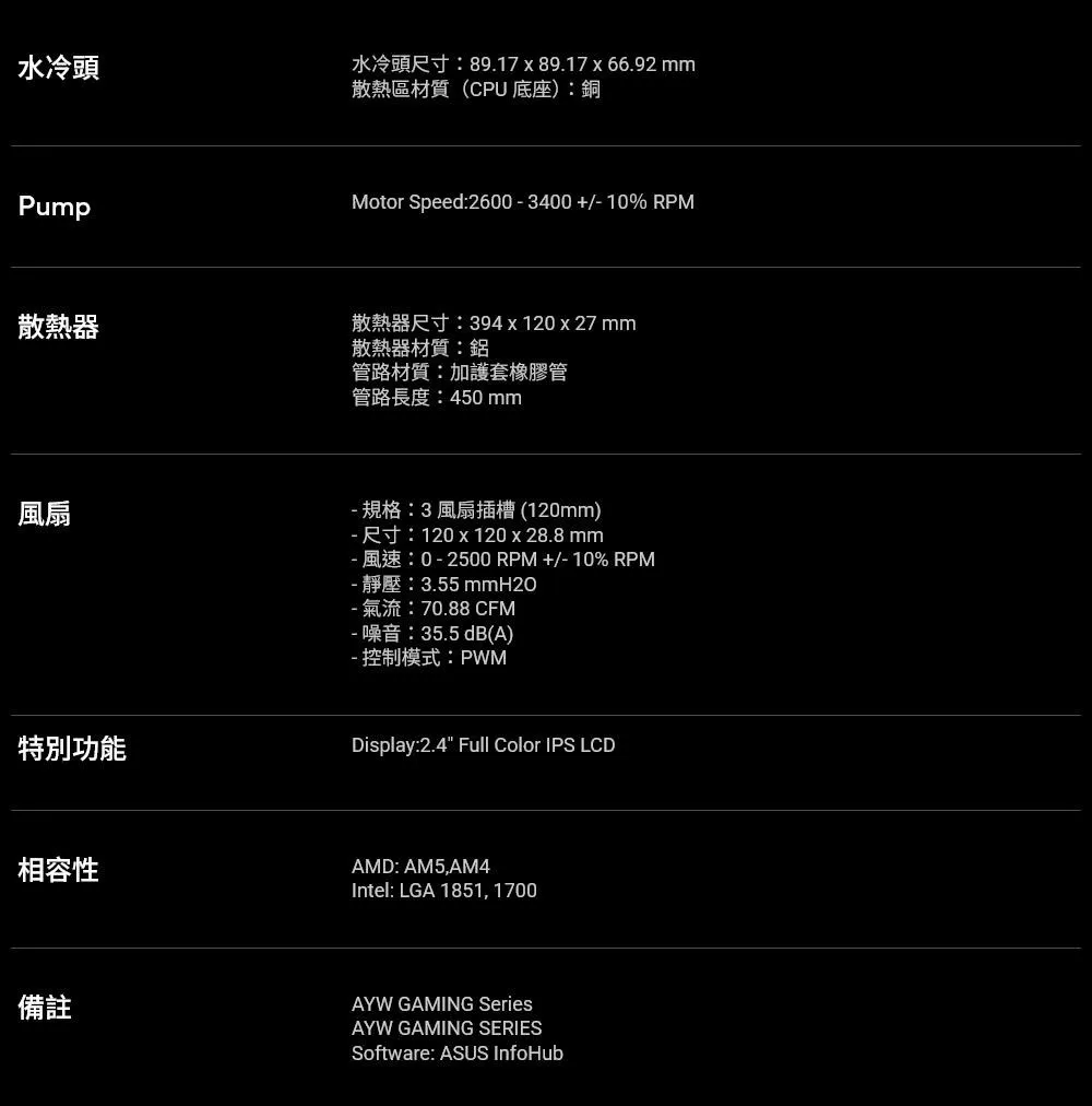 ASUS 華碩AYW Gaming LC360 ARGB LCD 一體式 CPU 水冷散熱器 (黑)