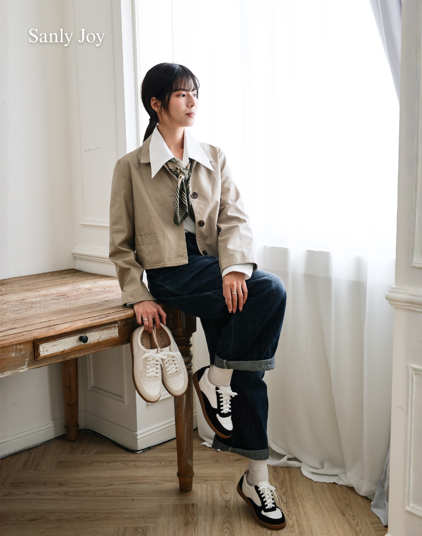 Sanly Joy 凱西拼色德訓鞋 奶油杏與經典黑配色 女生德訓鞋穿搭