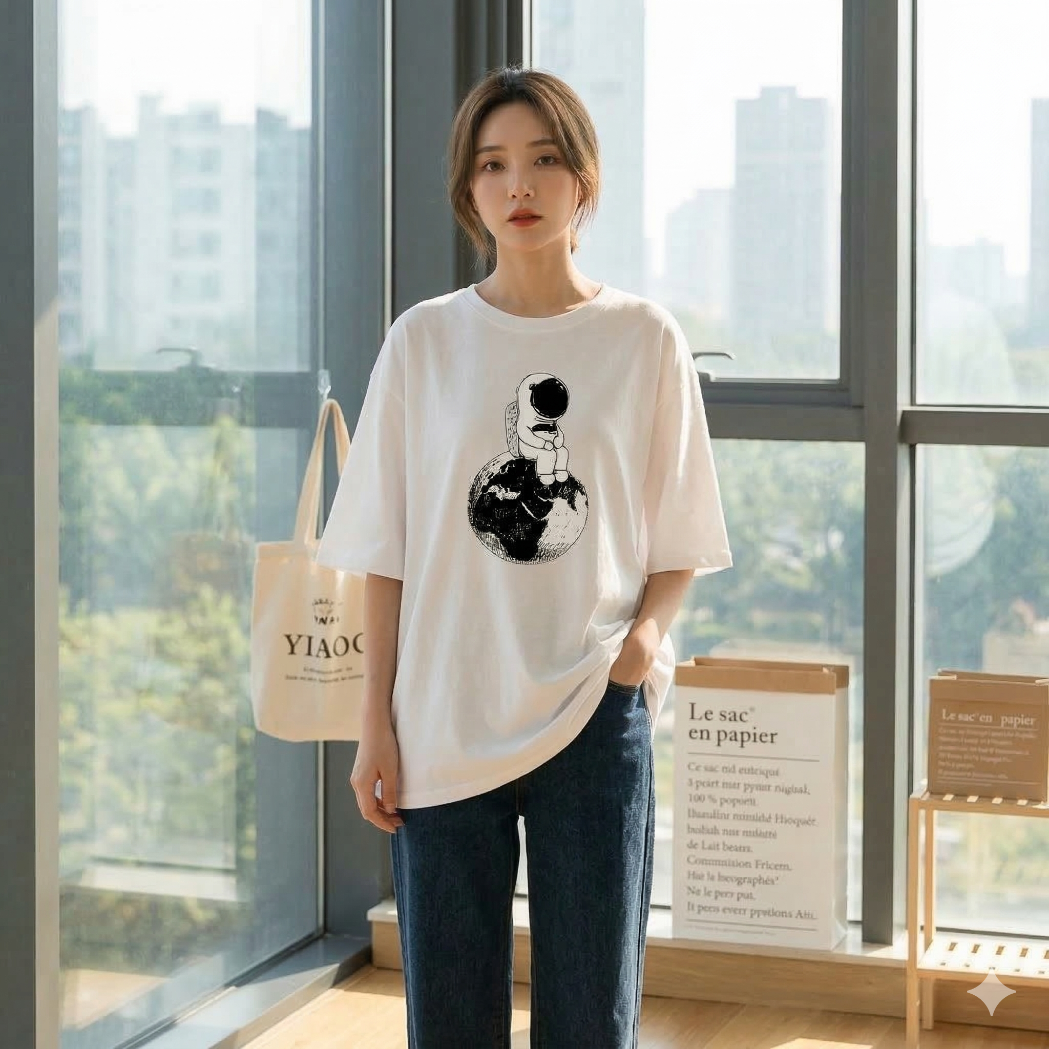 【ASister 小姊姊】AS0132#純棉上衣☆*太空人坐地球*中長版短袖T恤(S-3XL)