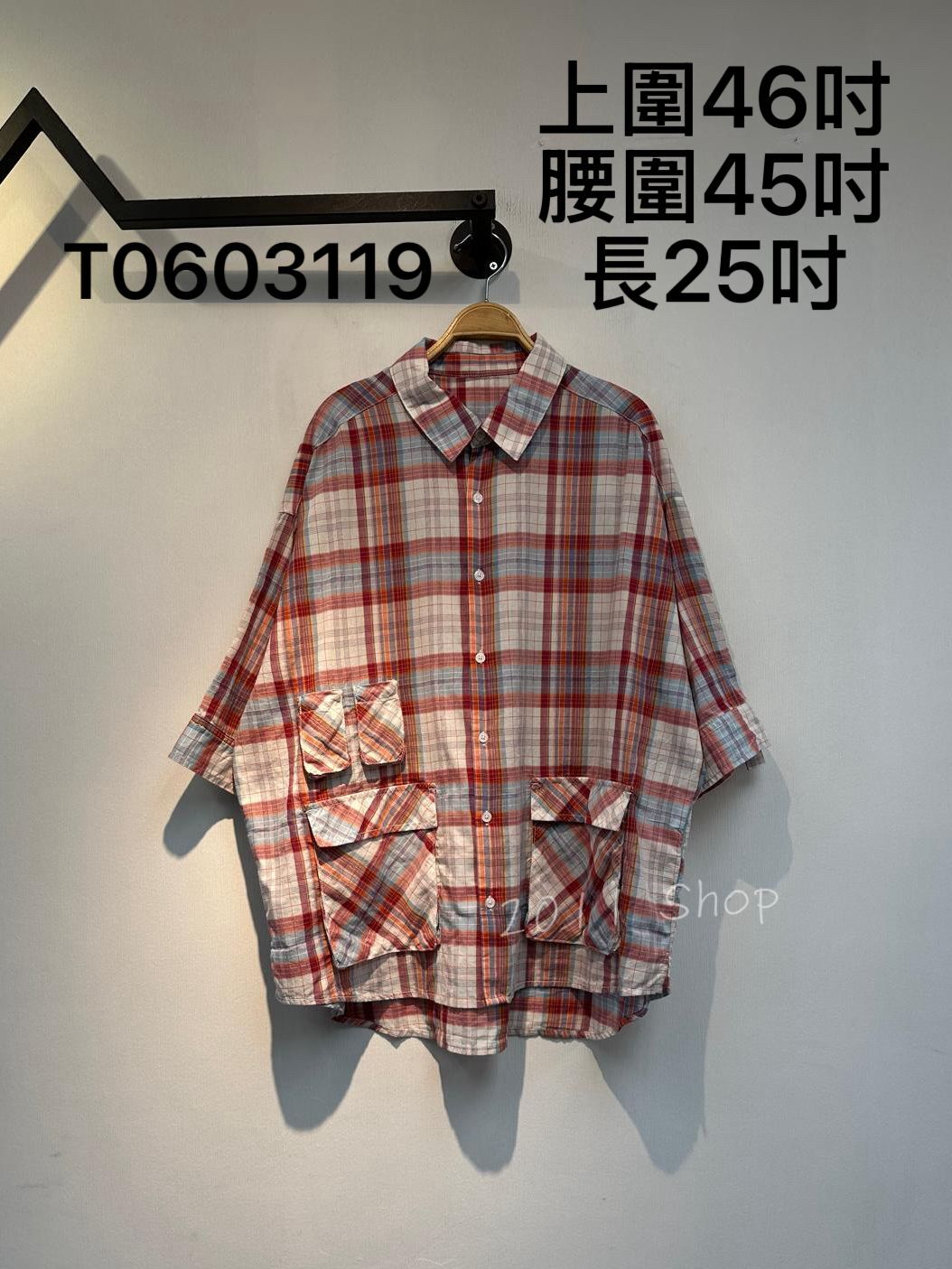 出口日本多口袋格仔中袖恤衫  上圍46吋 腰圍45吋 長25吋  T0603119