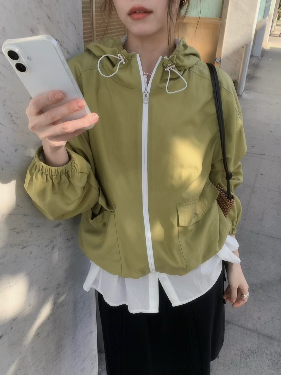杏色拉鍊連帽休閒質感夾克