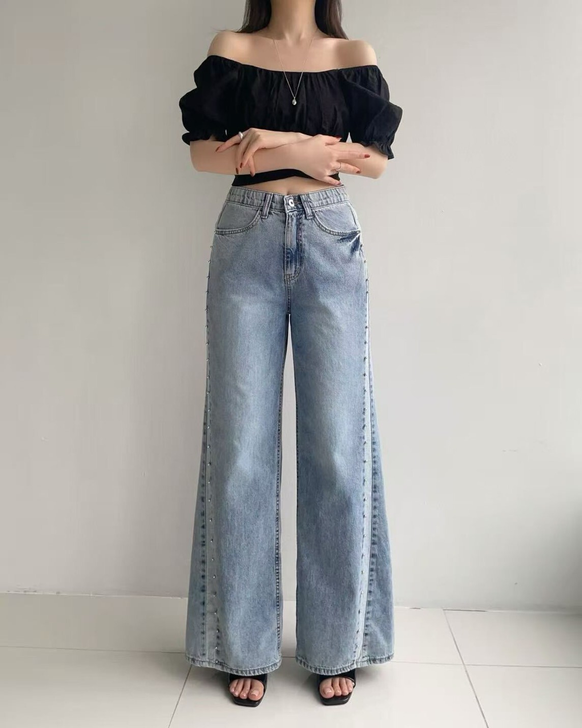 6084斜車小鑽牛仔寬長褲