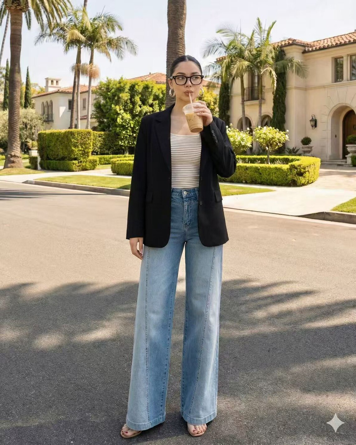 6004大直筒拚色牛仔長褲