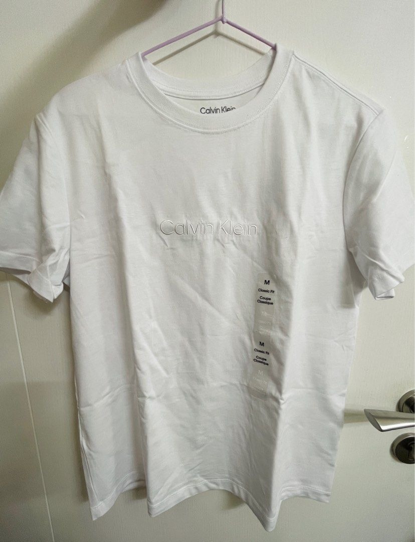 [S] CALVIN KLEIN LADIES SLIM FIT SMALL LOGO T-SHIRT,WHITE, SP47601129-40WL958100 (SCK671)