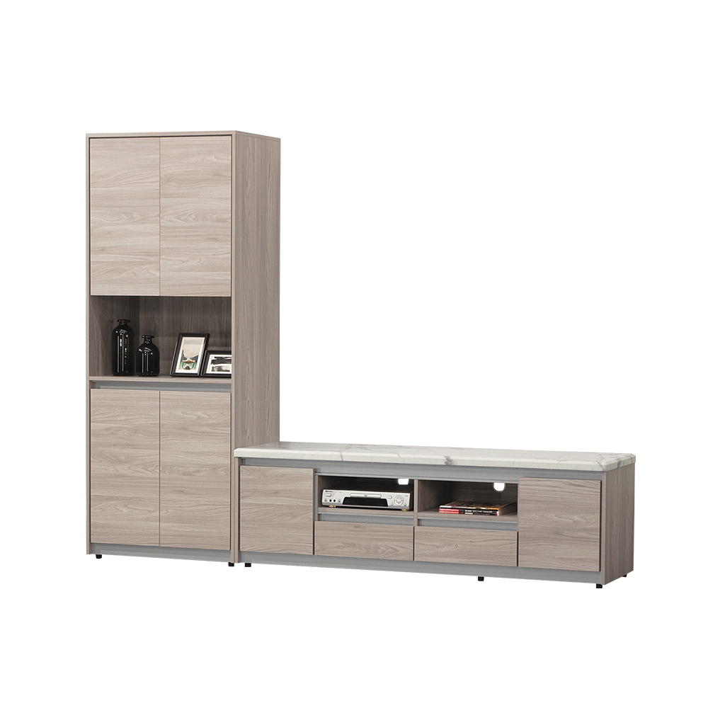 柏蒂家居-拉赫曼8.7尺L型電視櫃組合(四門展示櫃+視聽長櫃)