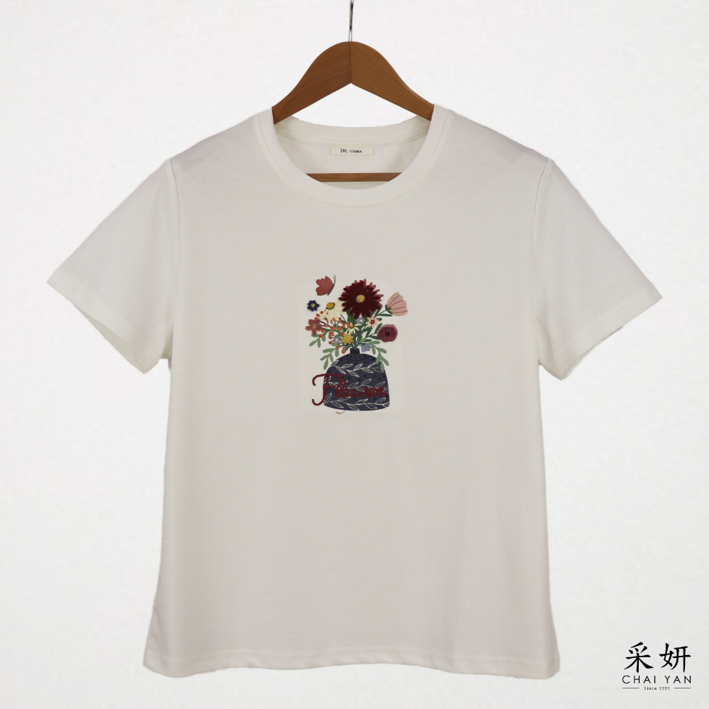 花朵毛絨滑棉短袖上衣