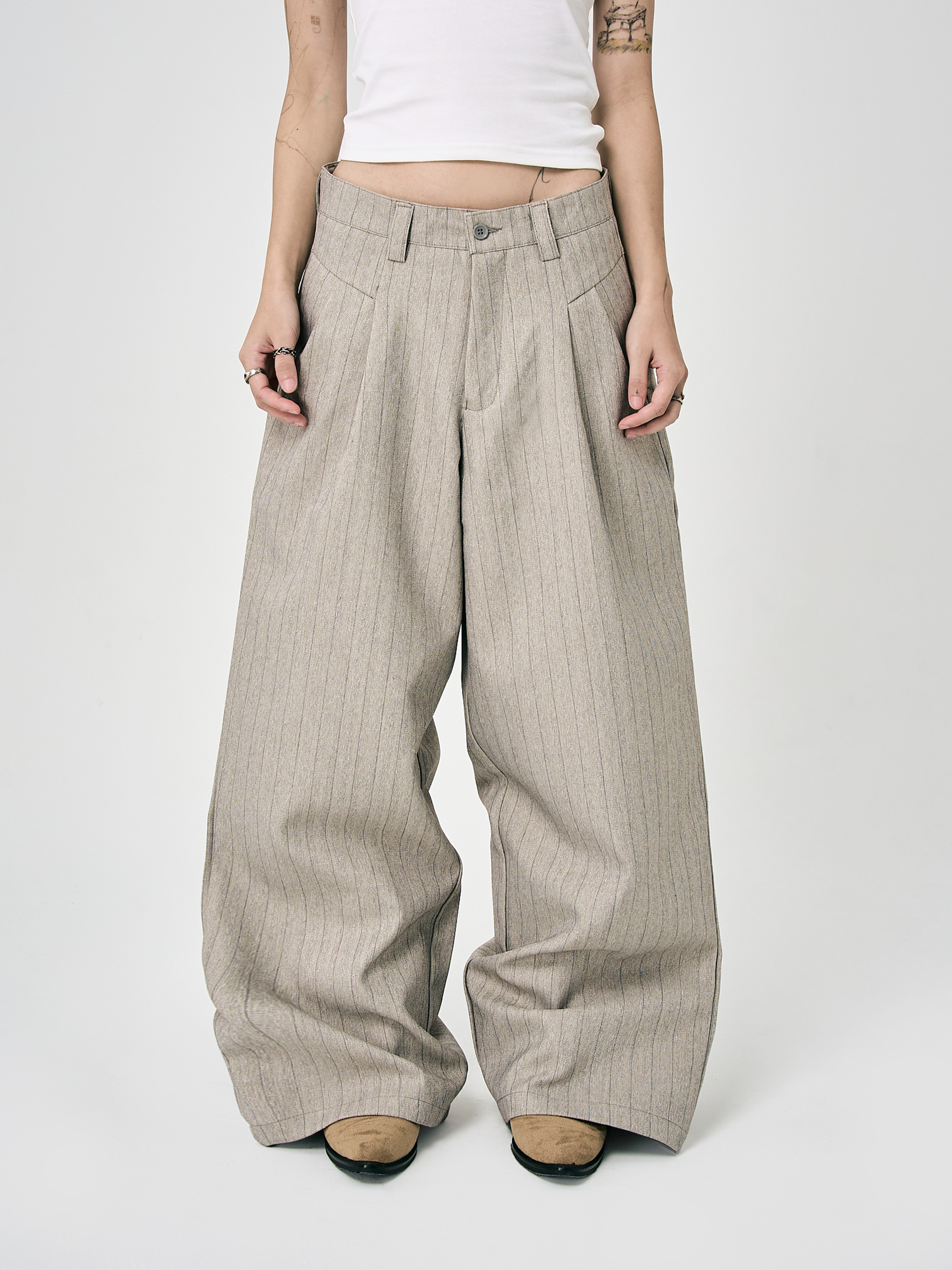 復古織紋西裝長褲-米