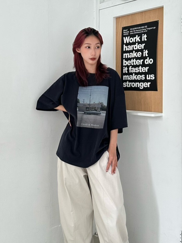 美式街邊風景磨毛寬鬆大tee