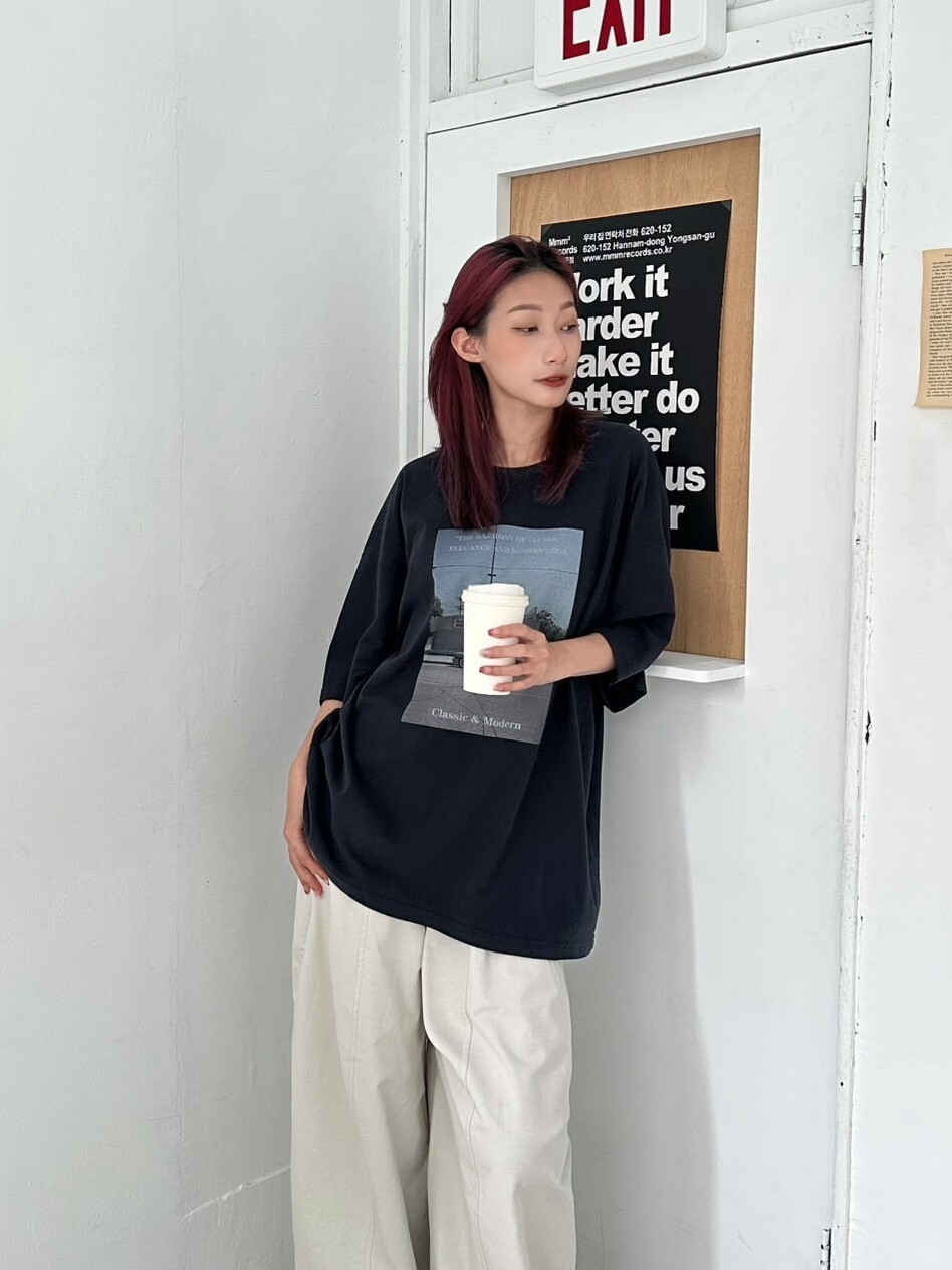 美式街邊風景磨毛寬鬆大tee