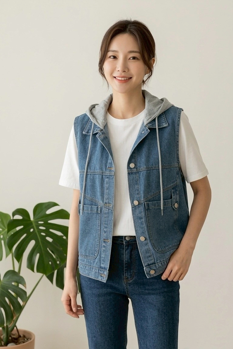 22109-抽繩帽翻領口袋牛仔背心（帽可拆