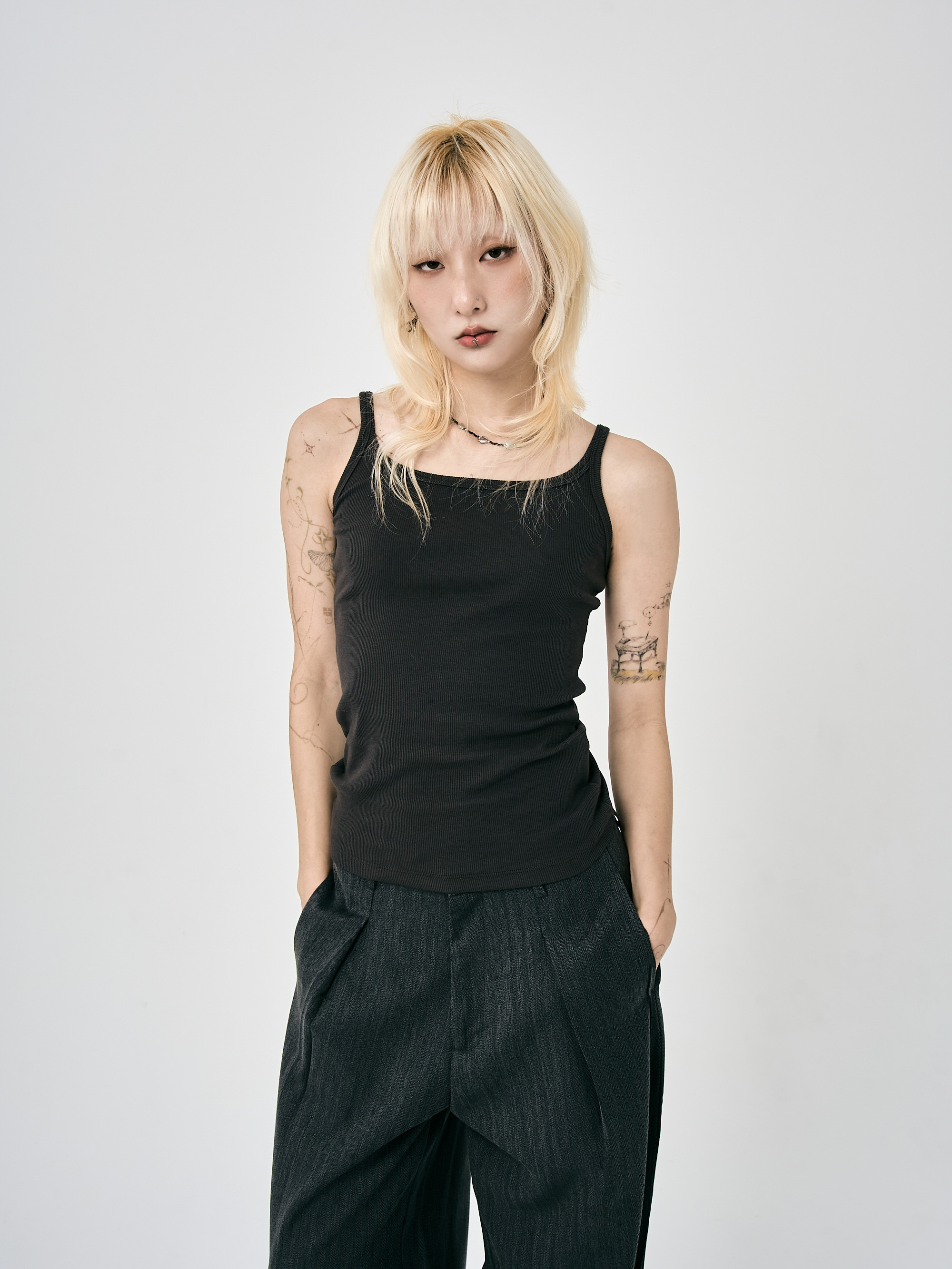 螺紋貼身簡約背心-灰