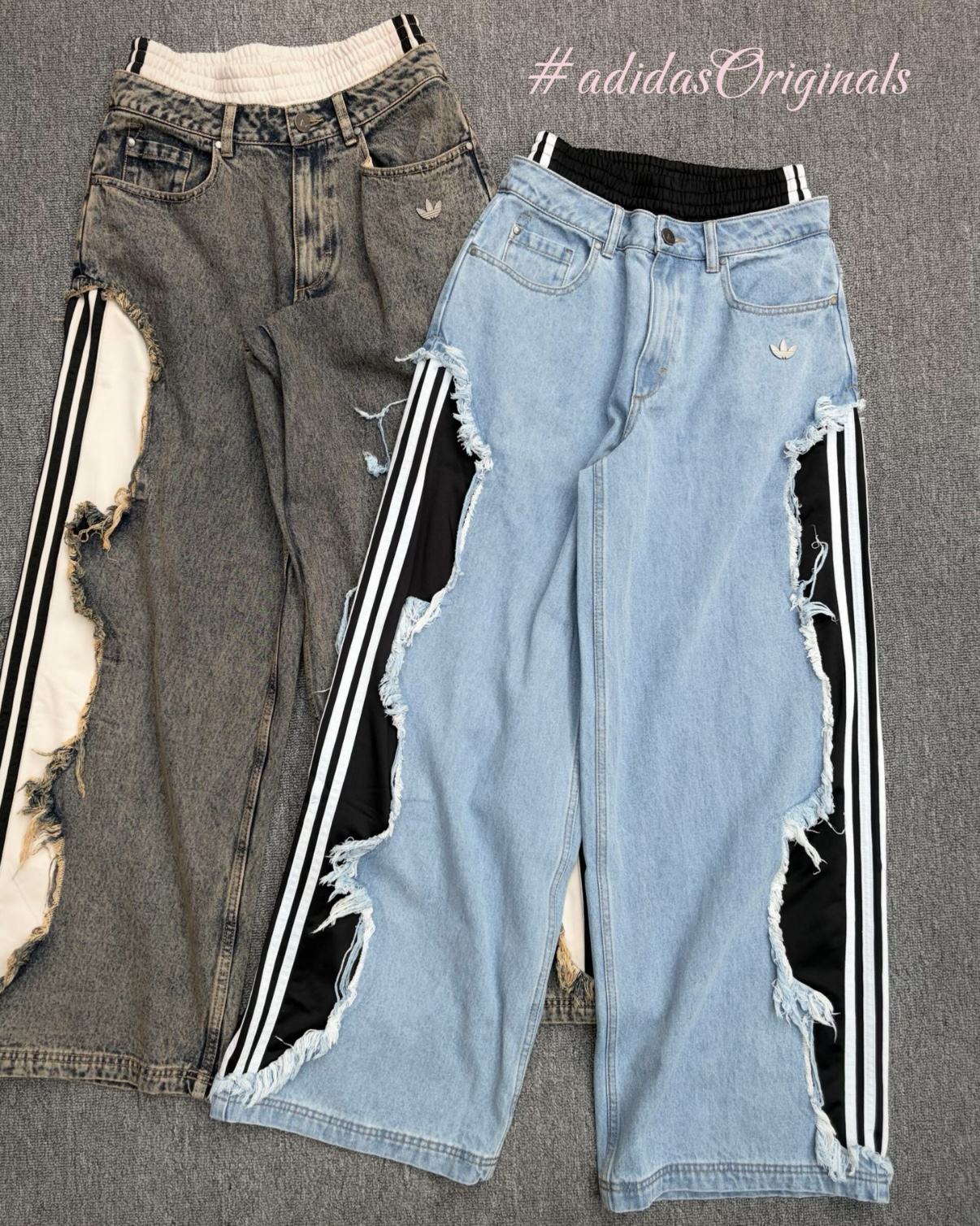 ADIDAS ORIGINALS ADILENIUM 破壞牛仔 寬鬆 闊腿褲 長褲 三線 磨毛 流蘇 灰色 藍黑色 女款