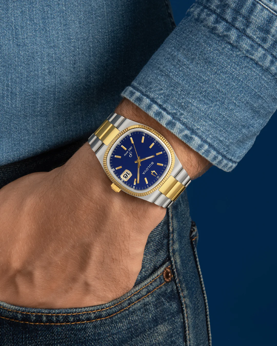 萬年鐘錶 - BULOVA 寶路華   Super Seville 超級塞維利亞系列  方形復古262kHz超頻精準  藍色錶盤錶盤石英機芯男錶 98B462 錶徑 37.5MM