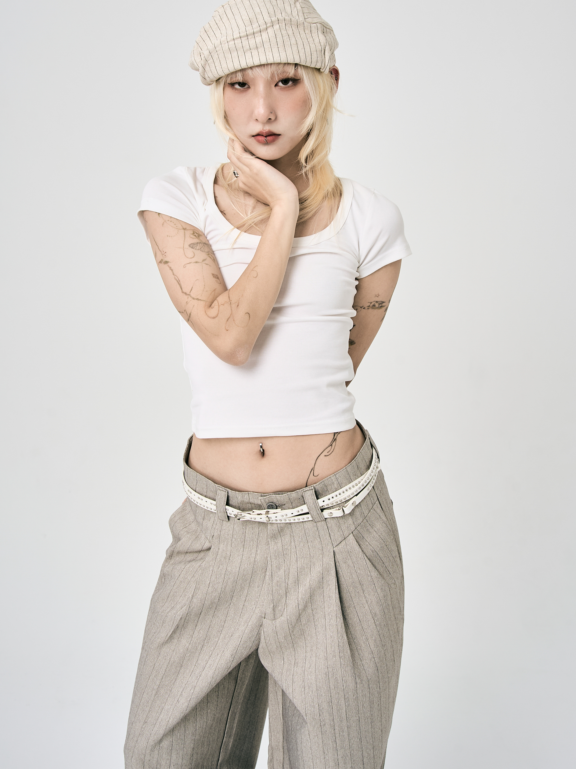 涼感彈力修身短袖-白