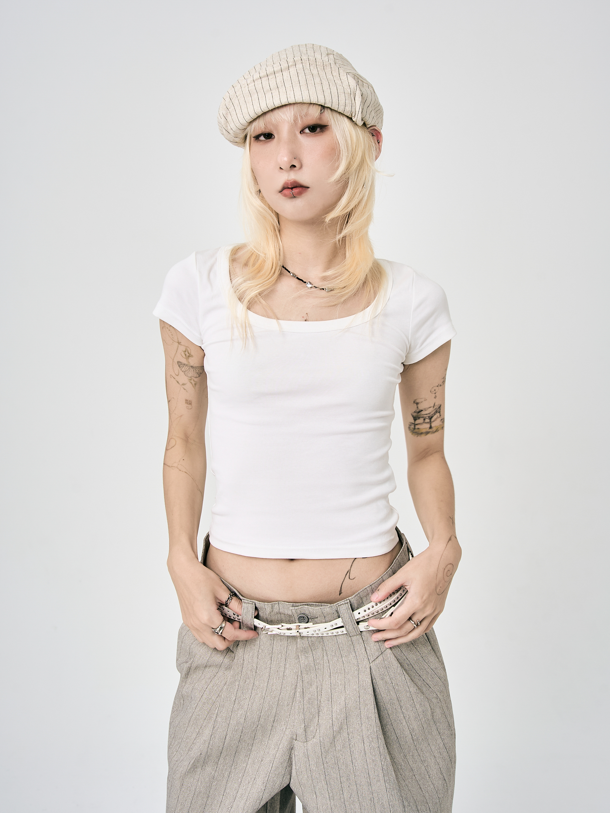 涼感彈力修身短袖-白