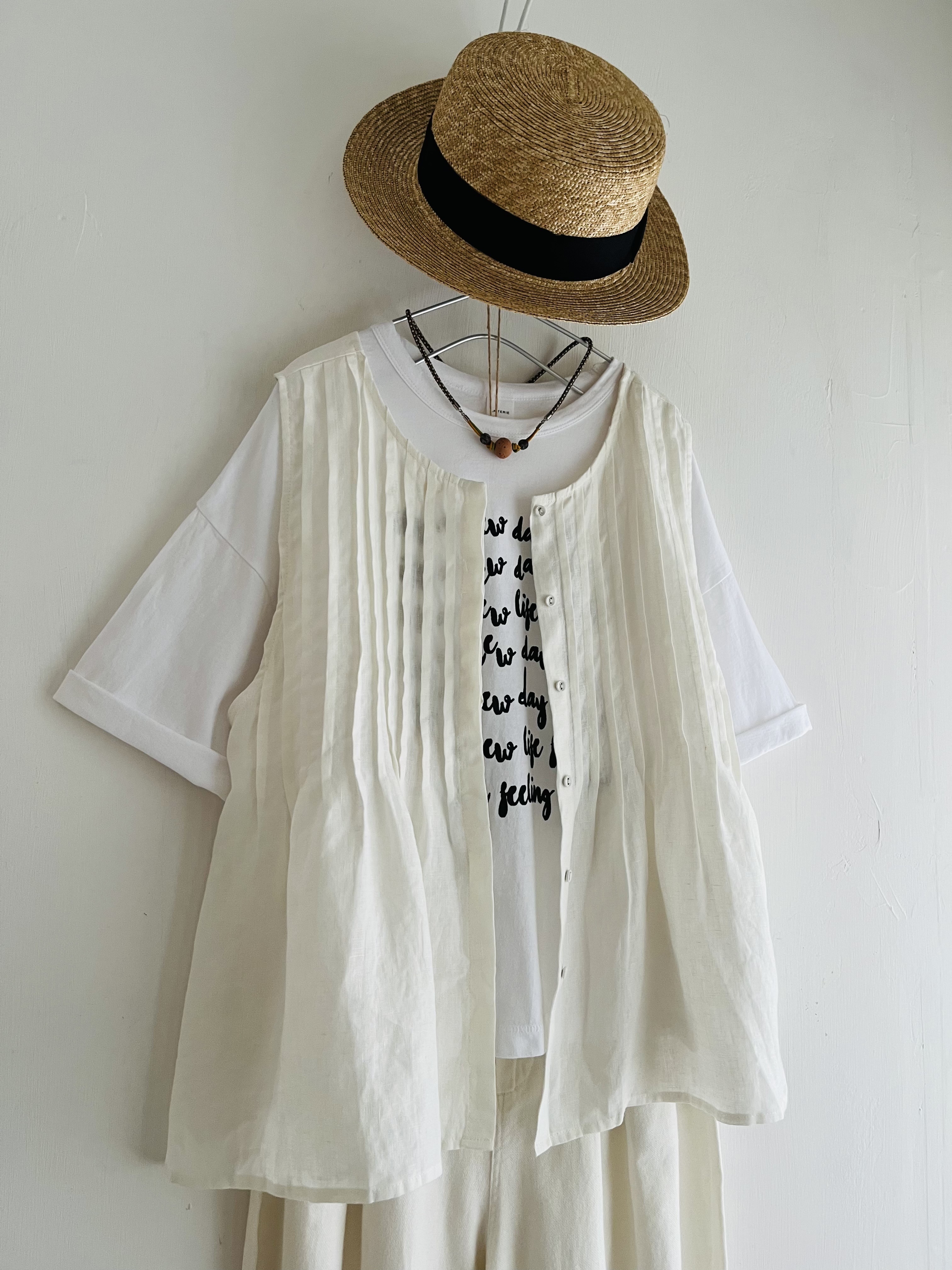 blue willow米白色麻質背心外套